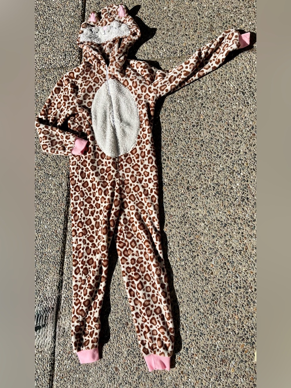 Girls' Leopard Print Hooded One-Piece Pajamas with Pink Trim Sz 11/12